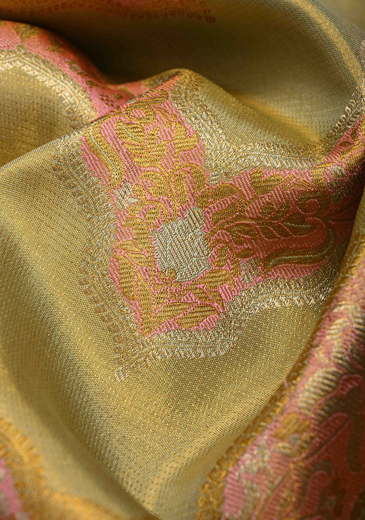 Green Pure Kanjivaram Tissue Silk Saree with Meenakari Leheria Design and Contrast Zari Border | SILK MARK CERTIFIED