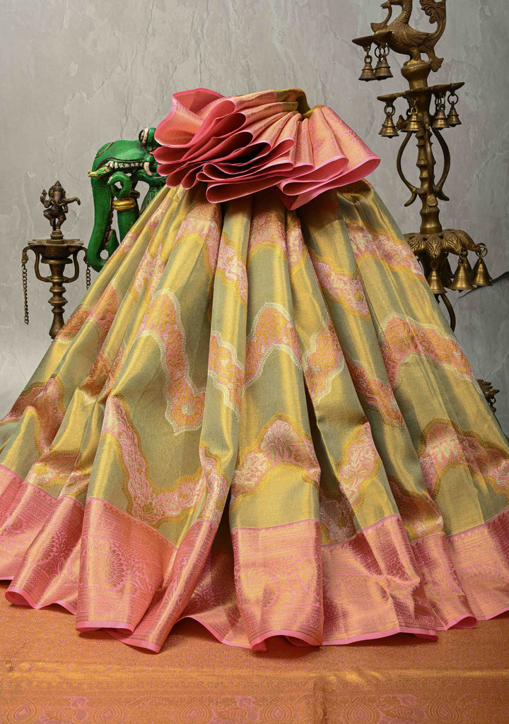 Green Pure Kanjivaram Tissue Silk Saree with Meenakari Leheria Design and Contrast Zari Border | SILK MARK CERTIFIED