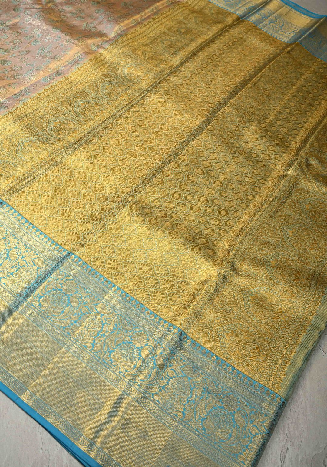 Beige Pure Kanjivaram Tissue Silk Saree with Meenakari Floral Brocade and Zari Border | SILK MARK CERTIFIED