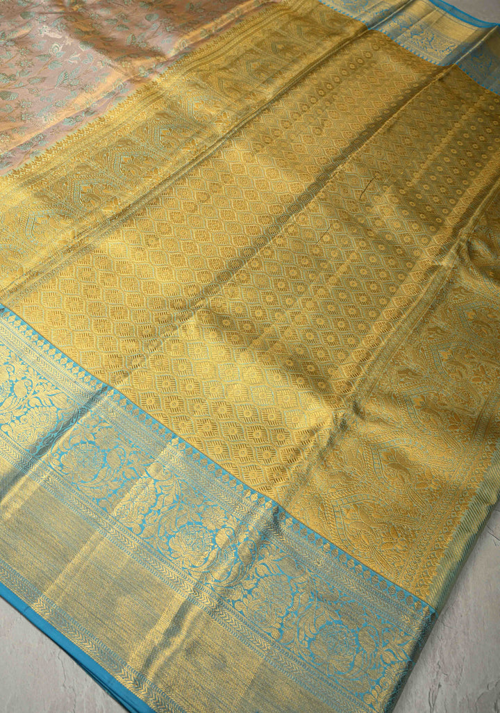 Beige Pure Kanjivaram Tissue Silk Saree with Meenakari Floral Brocade and Zari Border | SILK MARK CERTIFIED