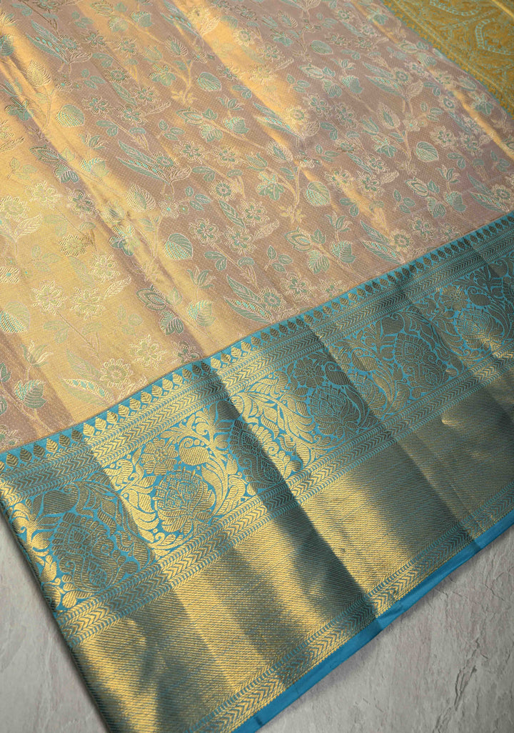 Beige Pure Kanjivaram Tissue Silk Saree with Meenakari Floral Brocade and Zari Border | SILK MARK CERTIFIED