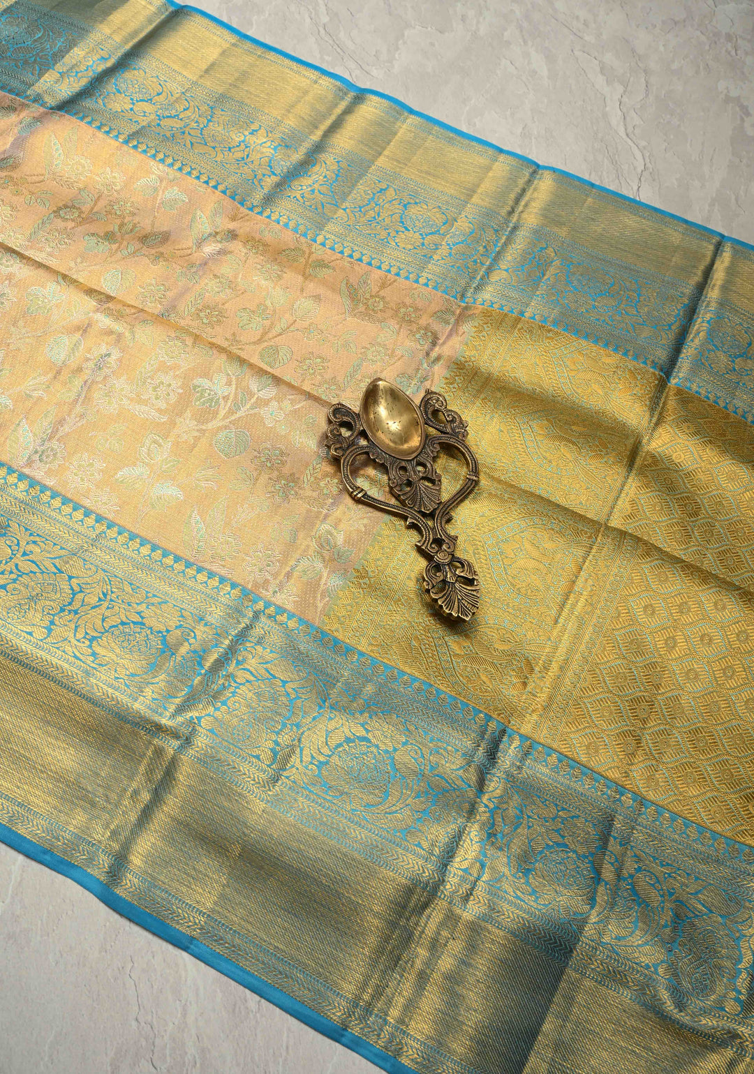 Beige Pure Kanjivaram Tissue Silk Saree with Meenakari Floral Brocade and Zari Border | SILK MARK CERTIFIED