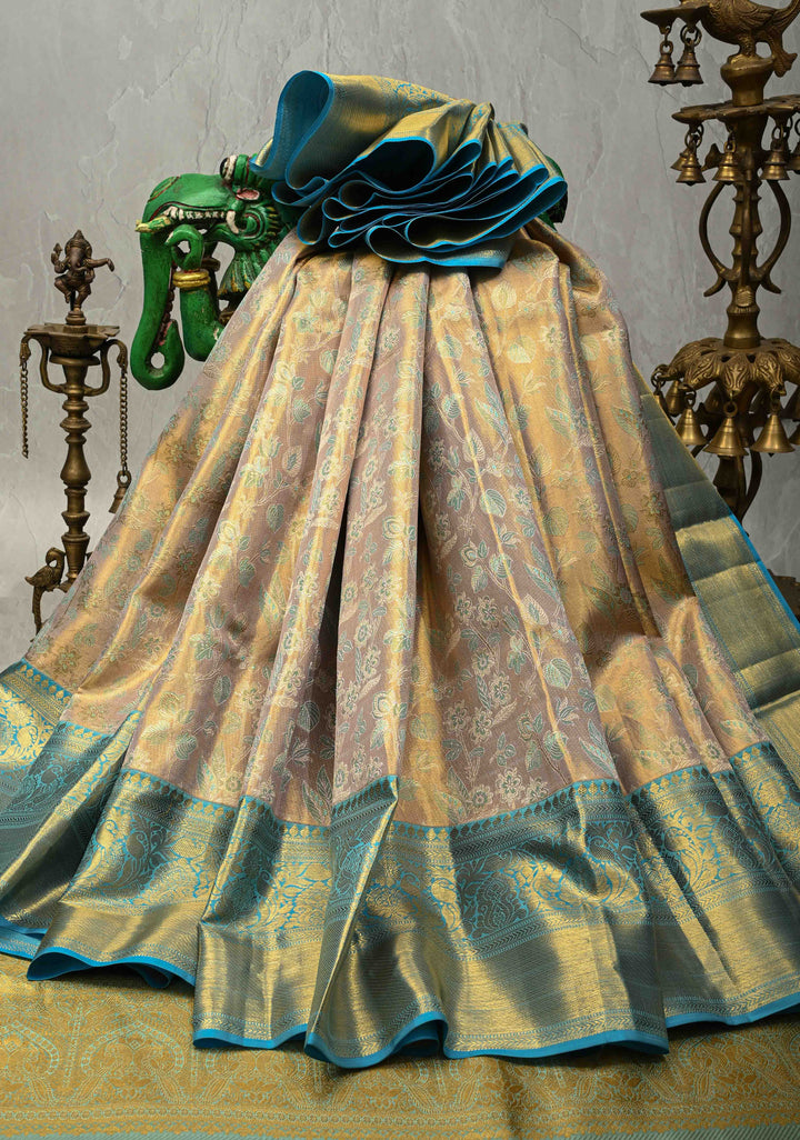 Beige Pure Kanjivaram Tissue Silk Saree with Meenakari Floral Brocade and Zari Border | SILK MARK CERTIFIED