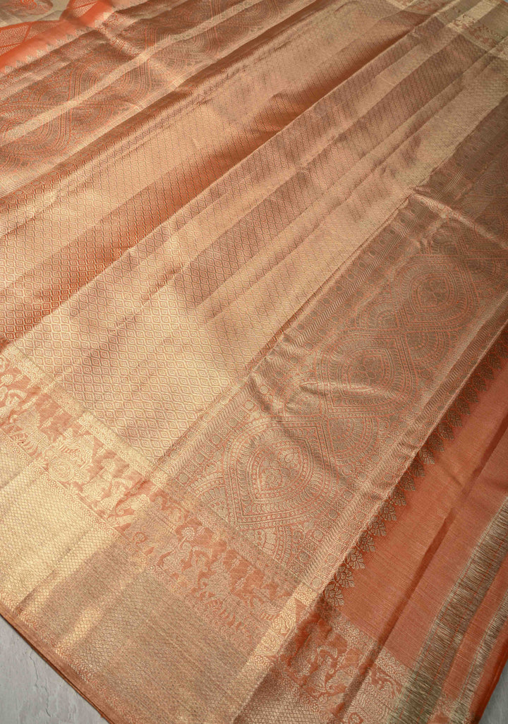 Peach Pure Kanjivaram Tissue Silk Saree with Geometric Brocade and Procession Zari Border | SILK MARK CERTIFIED