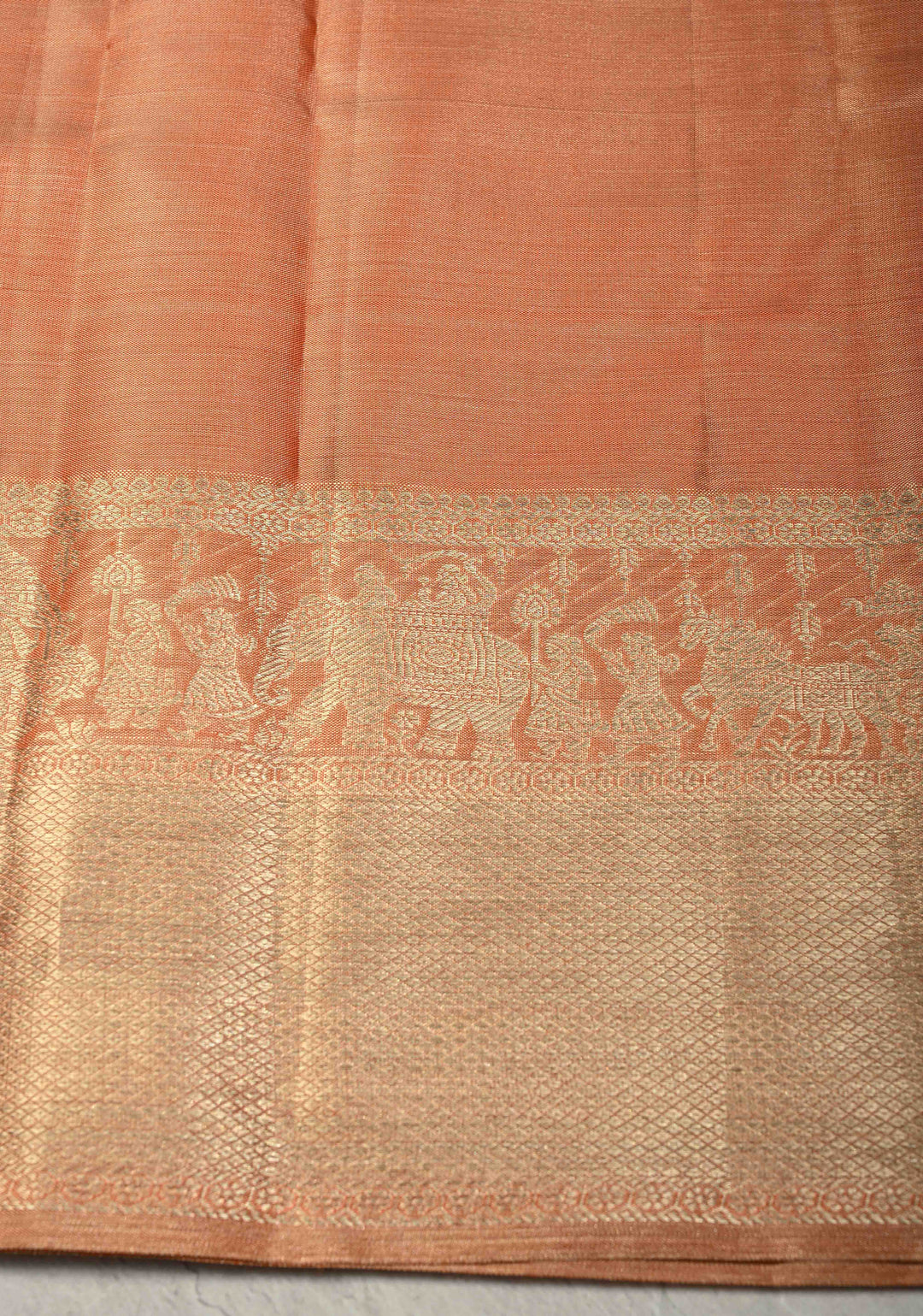 Peach Pure Kanjivaram Tissue Silk Saree with Geometric Brocade and Procession Zari Border | SILK MARK CERTIFIED
