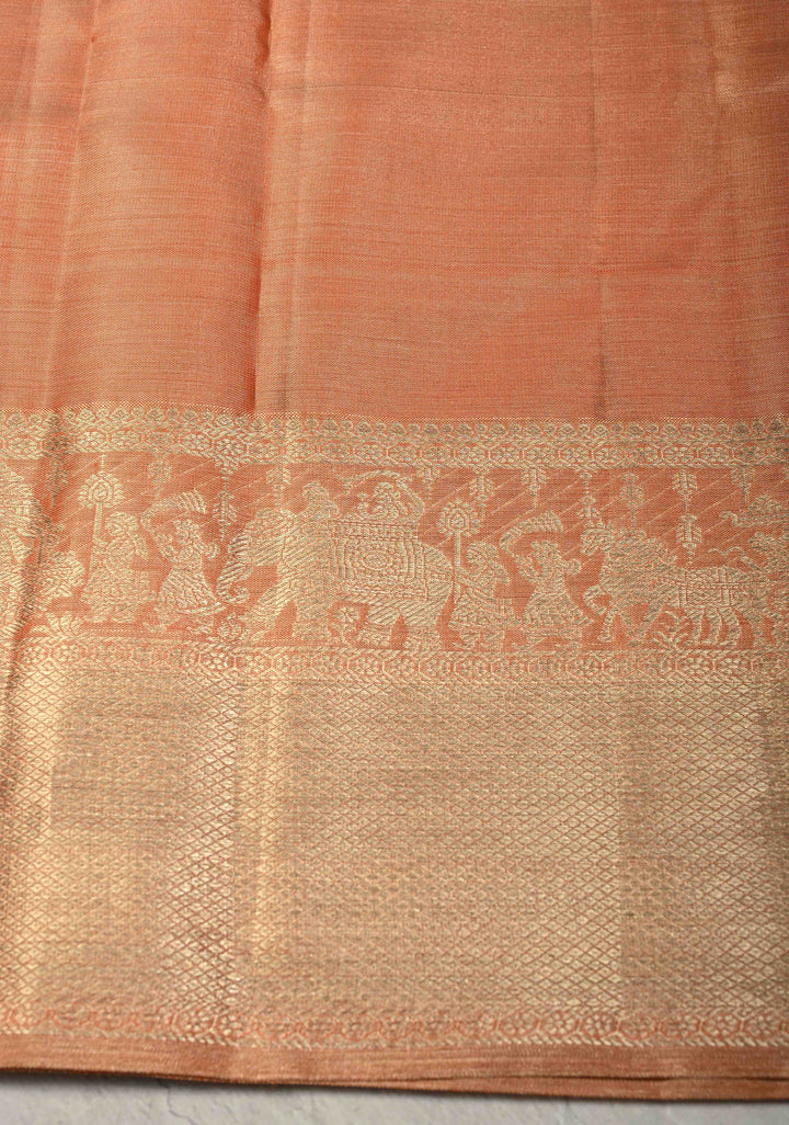 Peach Pure Kanjivaram Tissue Silk Saree with Geometric Brocade and Procession Zari Border | SILK MARK CERTIFIED