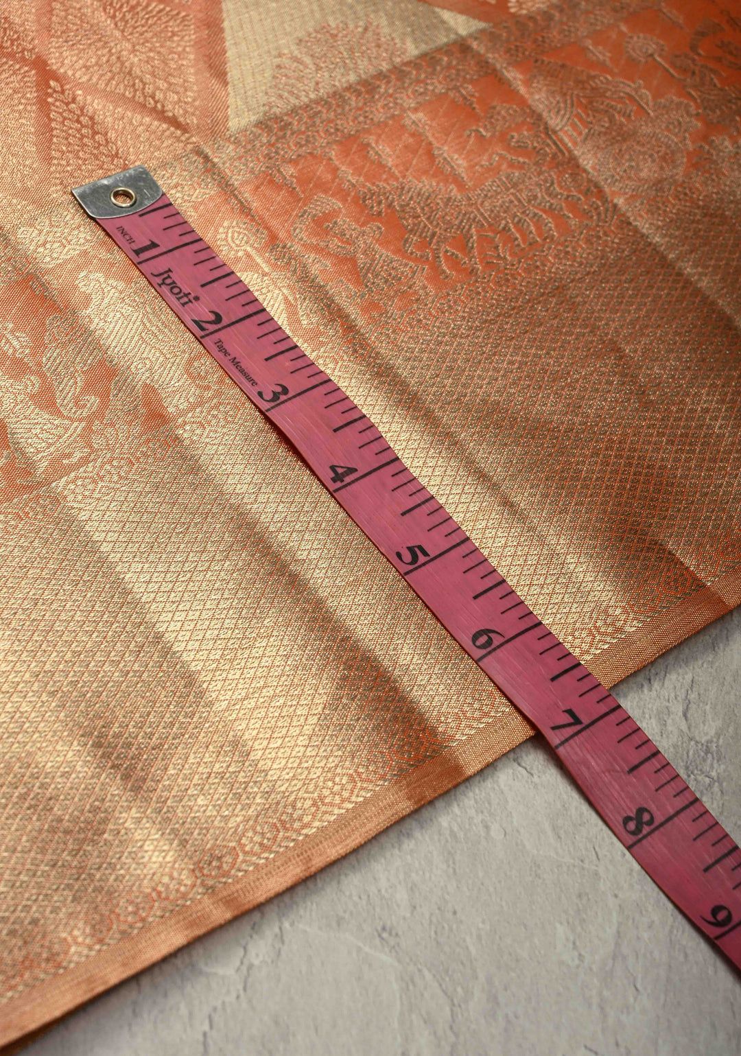 Peach Pure Kanjivaram Tissue Silk Saree with Geometric Brocade and Procession Zari Border | SILK MARK CERTIFIED
