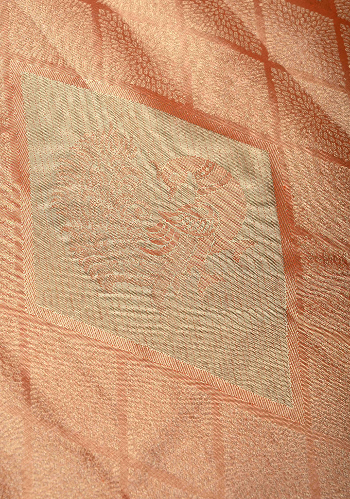 Peach Pure Kanjivaram Tissue Silk Saree with Geometric Brocade and Procession Zari Border | SILK MARK CERTIFIED