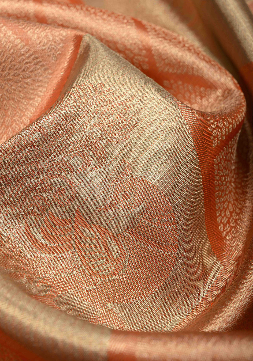 Peach Pure Kanjivaram Tissue Silk Saree with Geometric Brocade and Procession Zari Border | SILK MARK CERTIFIED