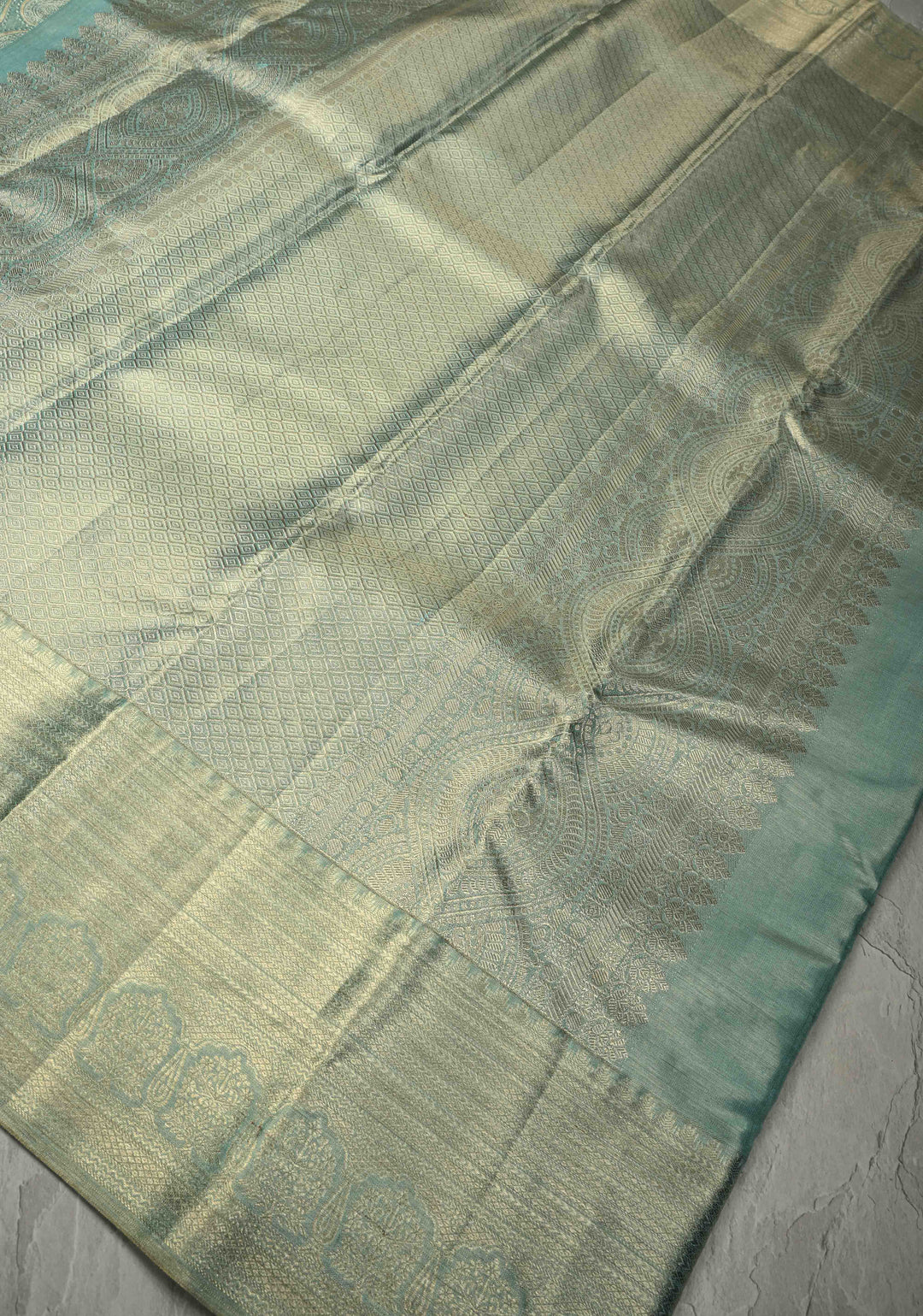 Mint Green Tissue Kanjivaram Pure Silk Saree With Meenakari Paisley Brocade and  Zari Border | SILK MARK CERTIFIED