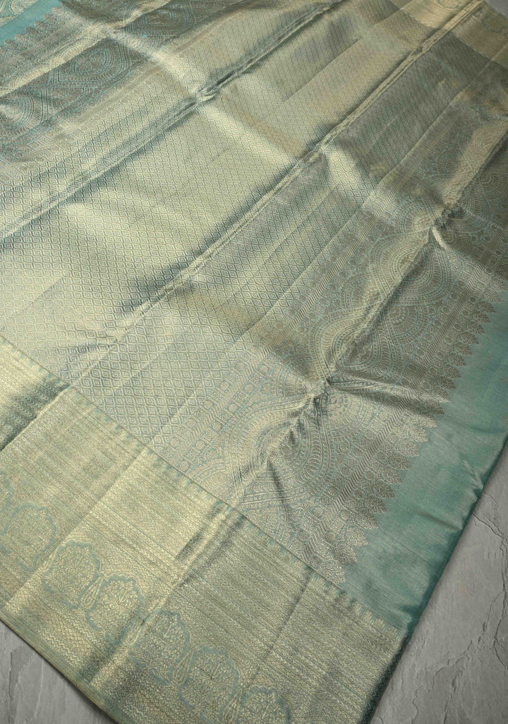 Mint Green Tissue Kanjivaram Pure Silk Saree With Meenakari Paisley Brocade and  Zari Border | SILK MARK CERTIFIED