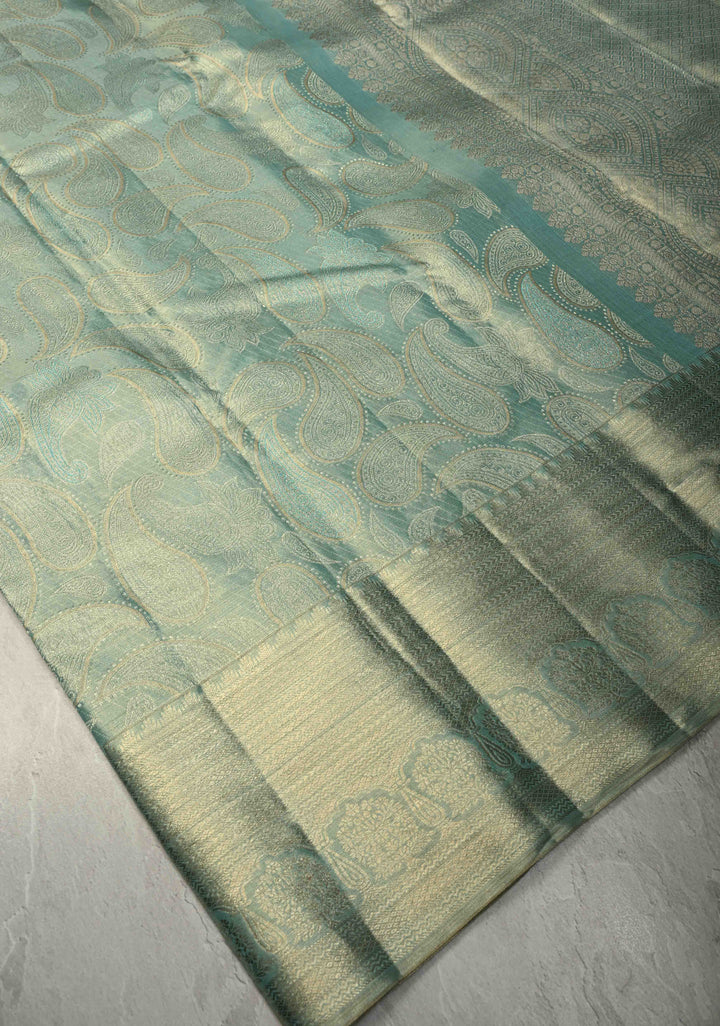 Mint Green Tissue Kanjivaram Pure Silk Saree With Meenakari Paisley Brocade and  Zari Border | SILK MARK CERTIFIED