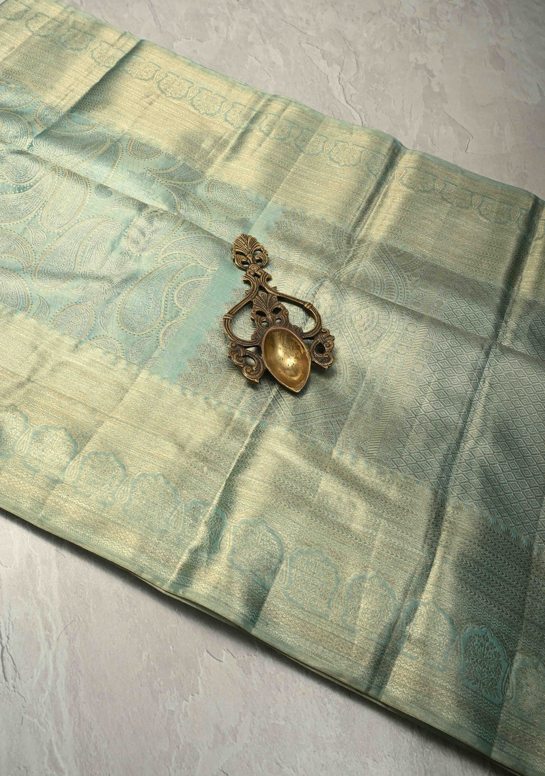 Mint Green Tissue Kanjivaram Pure Silk Saree With Meenakari Paisley Brocade and  Zari Border | SILK MARK CERTIFIED