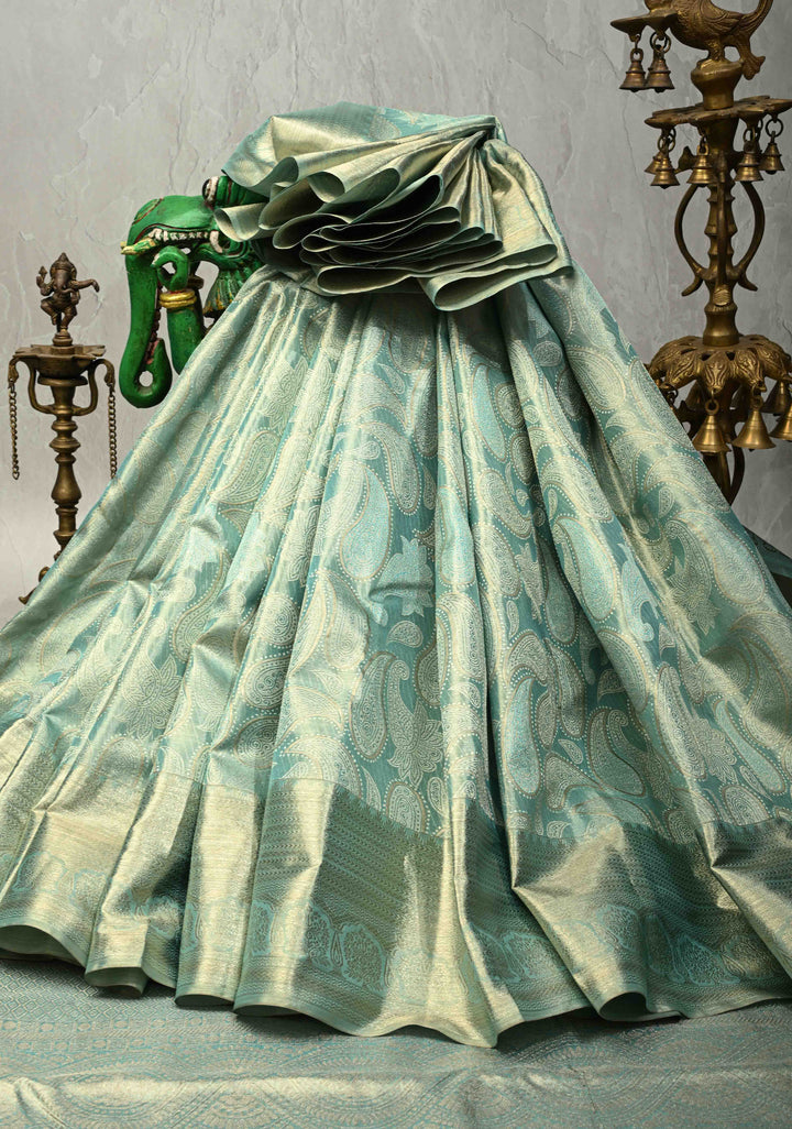 Mint Green Tissue Kanjivaram Pure Silk Saree With Meenakari Paisley Brocade and  Zari Border | SILK MARK CERTIFIED