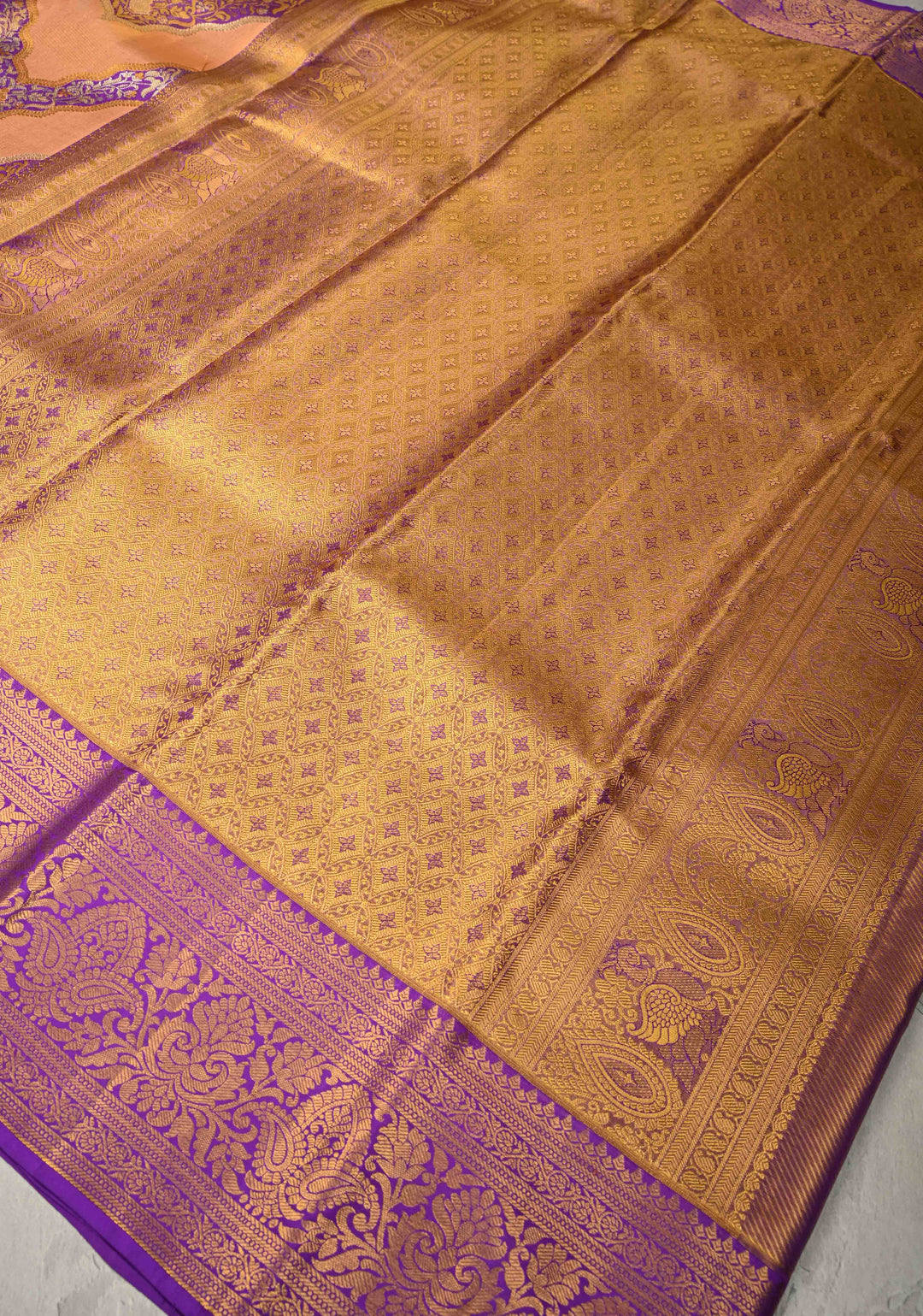 Orange-Gold Dual Tone Tissue Kanjivaram Pure Silk Saree With Meenakari Leheria Design and Zari Border | SILK MARK CERTIFIED
