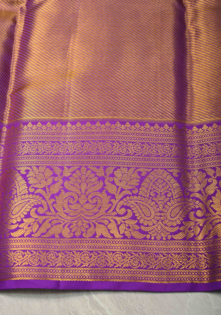 Orange-Gold Dual Tone Tissue Kanjivaram Pure Silk Saree With Meenakari Leheria Design and Zari Border | SILK MARK CERTIFIED