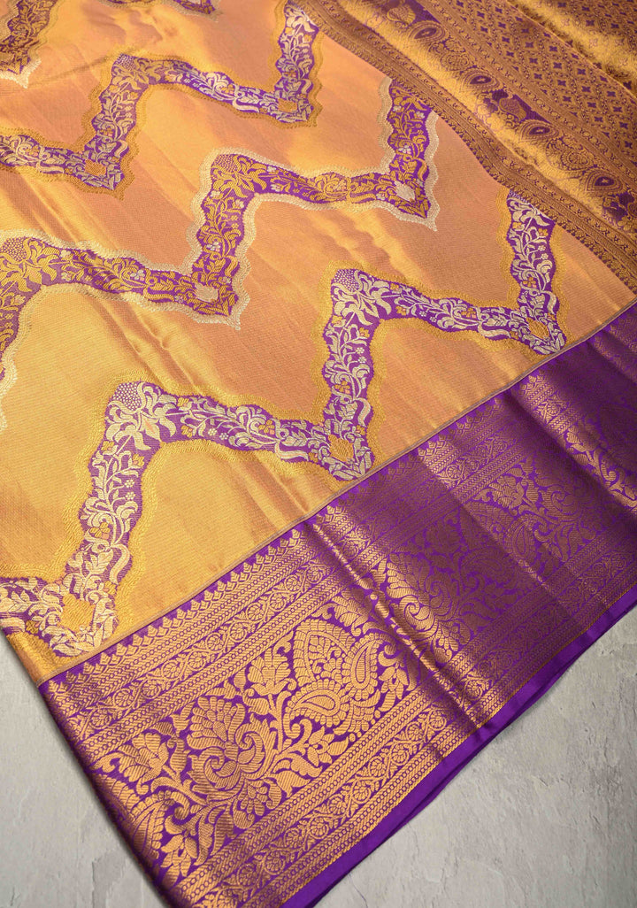 Orange-Gold Dual Tone Tissue Kanjivaram Pure Silk Saree With Meenakari Leheria Design and Zari Border | SILK MARK CERTIFIED