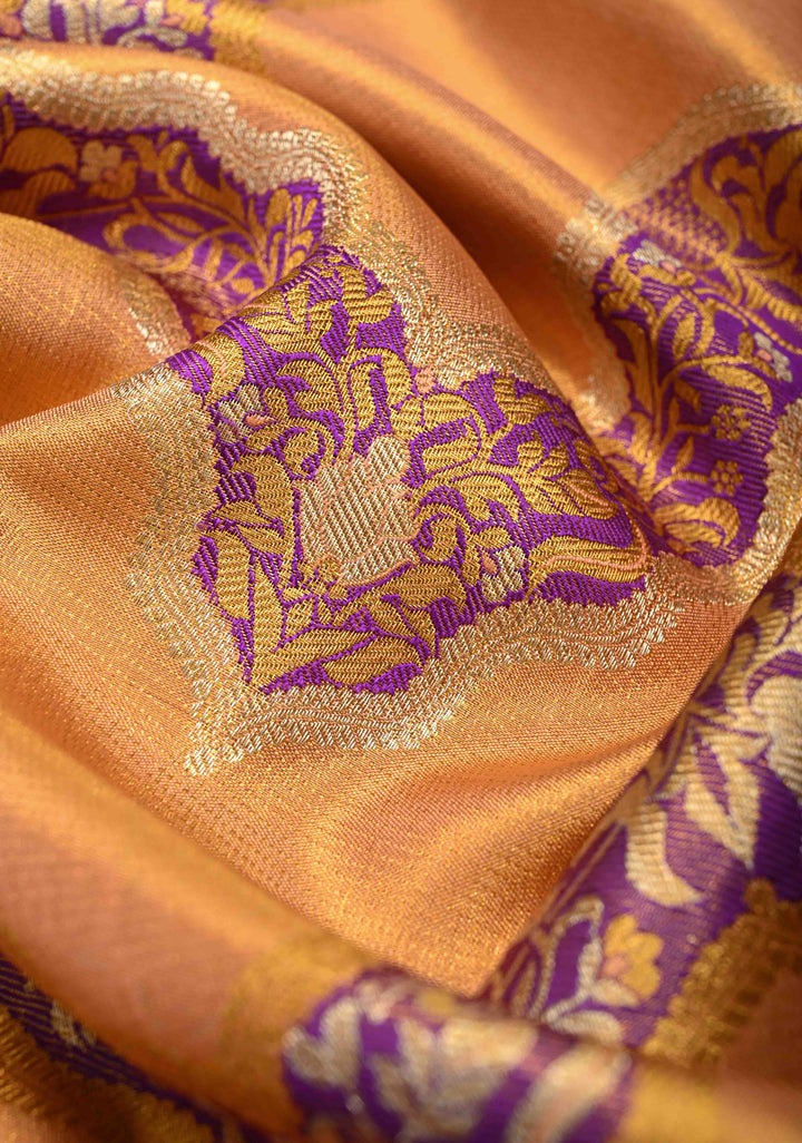 Orange-Gold Dual Tone Tissue Kanjivaram Pure Silk Saree With Meenakari Leheria Design and Zari Border | SILK MARK CERTIFIED