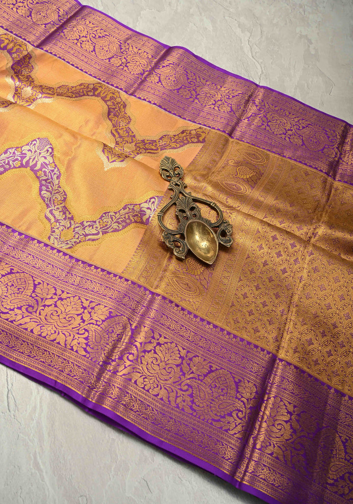 Orange-Gold Dual Tone Tissue Kanjivaram Pure Silk Saree With Meenakari Leheria Design and Zari Border | SILK MARK CERTIFIED