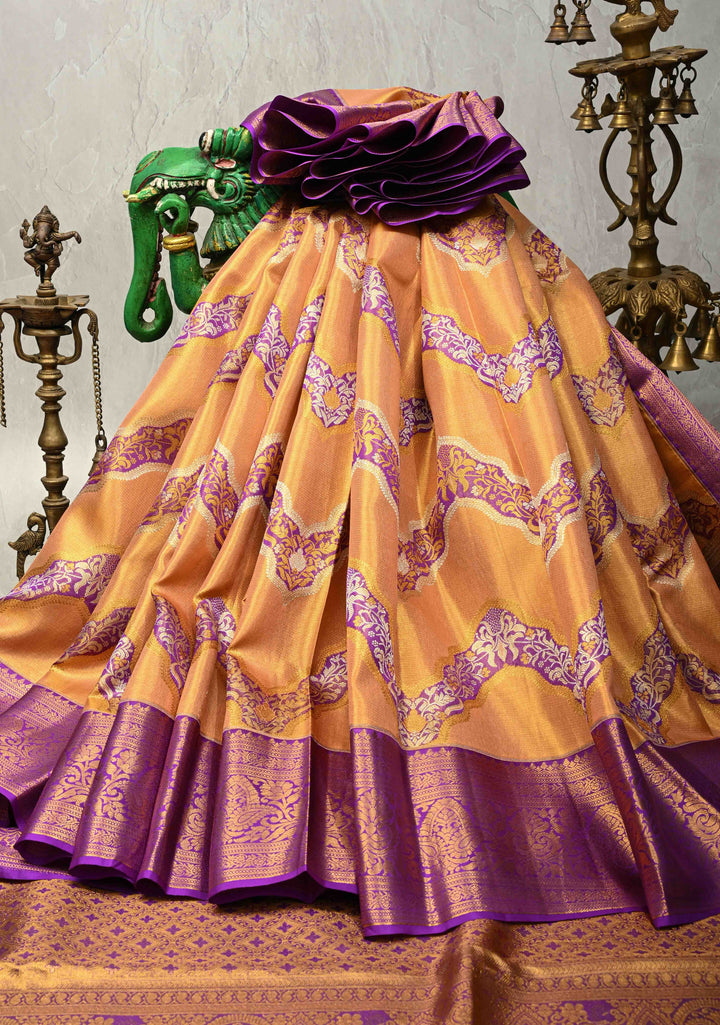 Orange-Gold Dual Tone Tissue Kanjivaram Pure Silk Saree With Meenakari Leheria Design and Zari Border | SILK MARK CERTIFIED