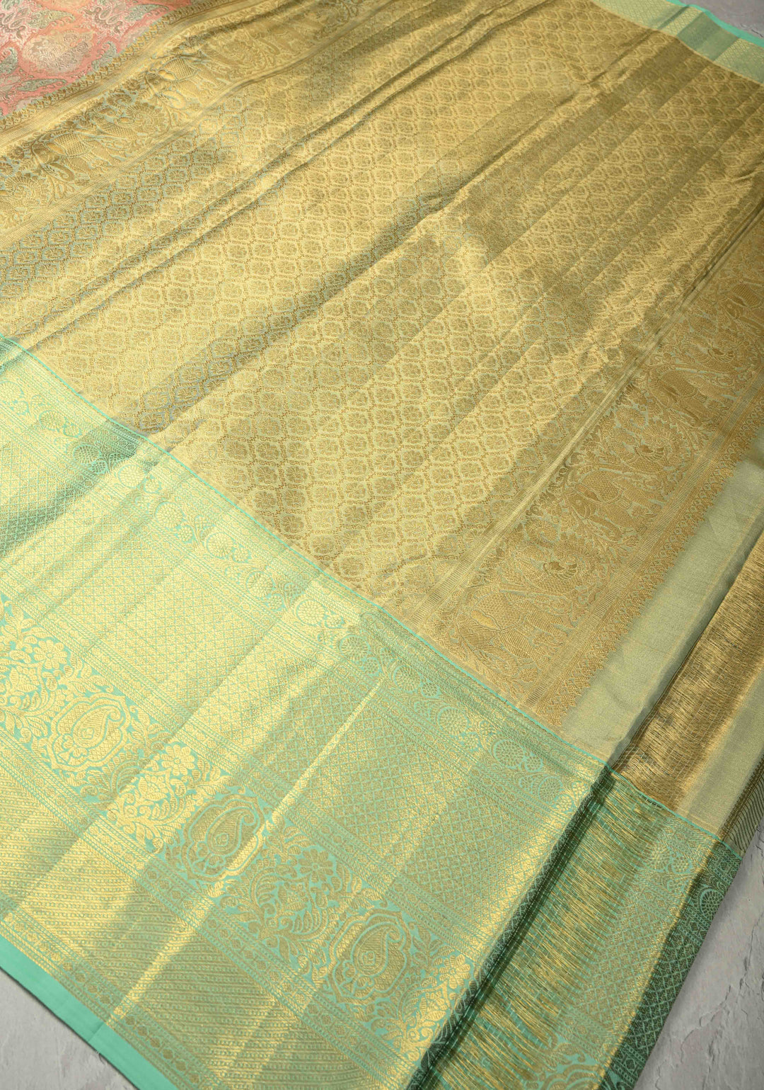 Peach Pink Pure Kanjivaram Tissue Silk Saree with Meenakari Brocade and Contrast Wide Zari Border | SILK MARK CERTIFIED