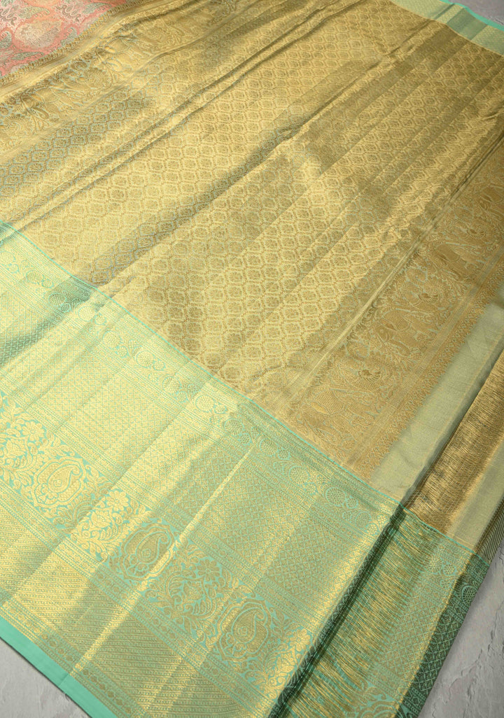 Peach Pink Pure Kanjivaram Tissue Silk Saree with Meenakari Brocade and Contrast Wide Zari Border | SILK MARK CERTIFIED