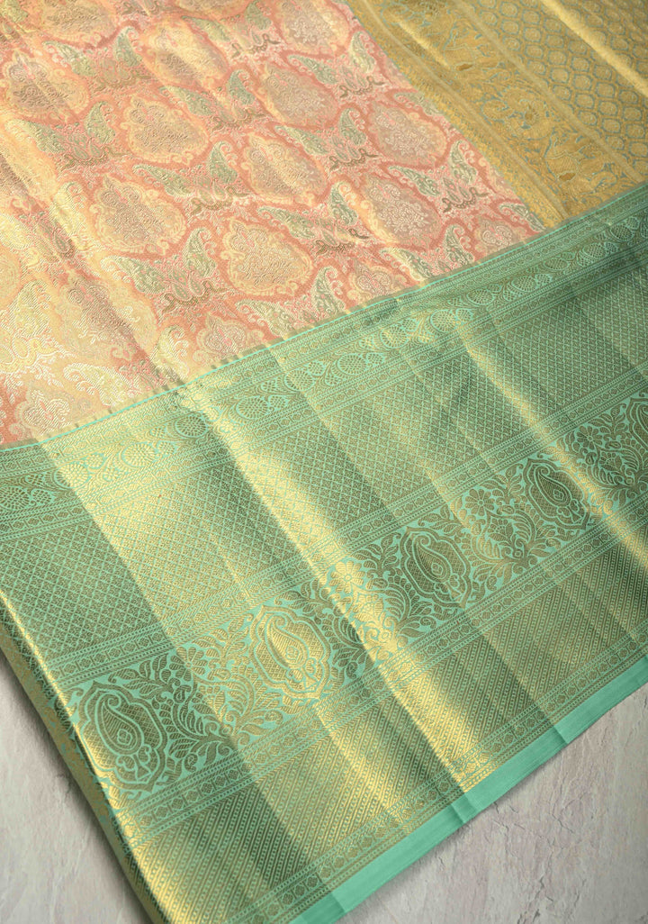 Peach Pink Pure Kanjivaram Tissue Silk Saree with Meenakari Brocade and Contrast Wide Zari Border | SILK MARK CERTIFIED