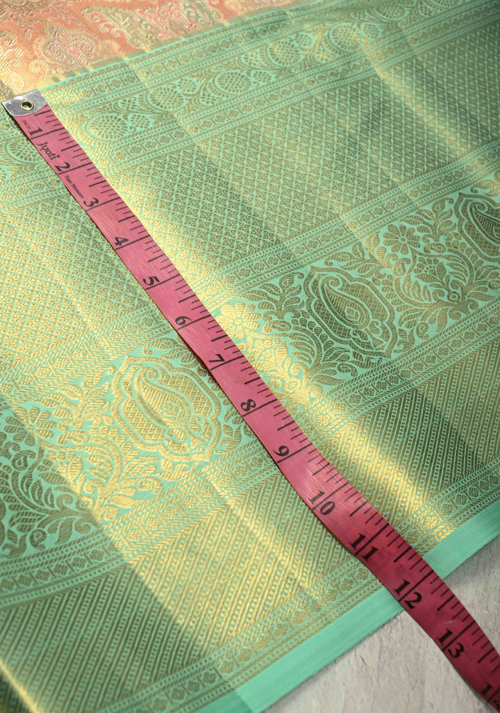 Peach Pink Pure Kanjivaram Tissue Silk Saree with Meenakari Brocade and Contrast Wide Zari Border | SILK MARK CERTIFIED