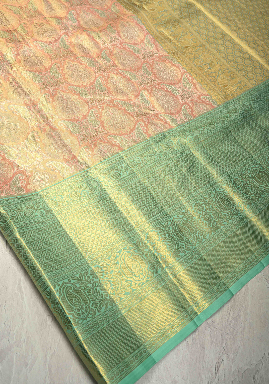 Peach Pink Pure Kanjivaram Tissue Silk Saree with Meenakari Brocade and Contrast Wide Zari Border | SILK MARK CERTIFIED