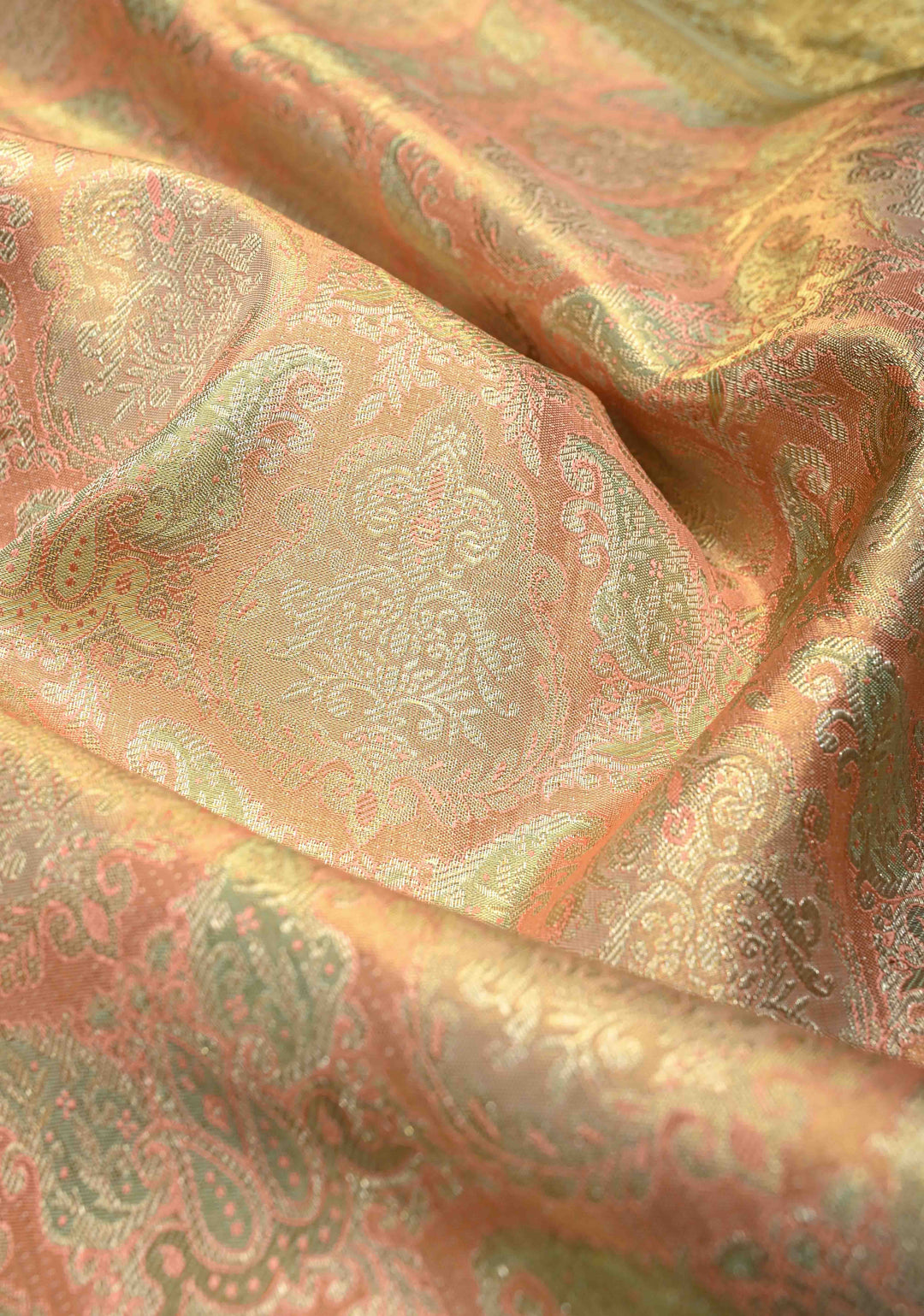Peach Pink Pure Kanjivaram Tissue Silk Saree with Meenakari Brocade and Contrast Wide Zari Border | SILK MARK CERTIFIED