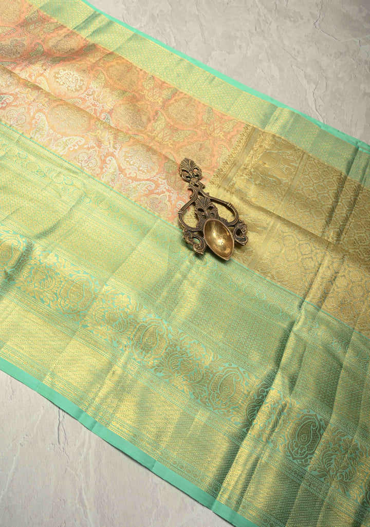 Peach Pink Pure Kanjivaram Tissue Silk Saree with Meenakari Brocade and Contrast Wide Zari Border | SILK MARK CERTIFIED