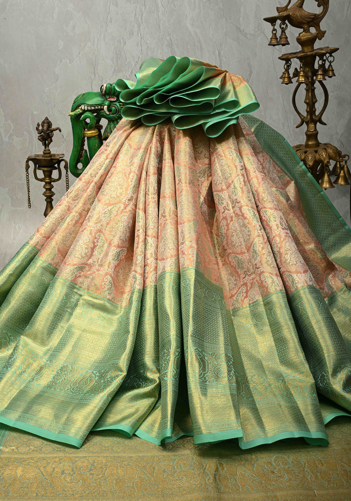 Peach Pink Pure Kanjivaram Tissue Silk Saree with Meenakari Brocade and Contrast Wide Zari Border | SILK MARK CERTIFIED