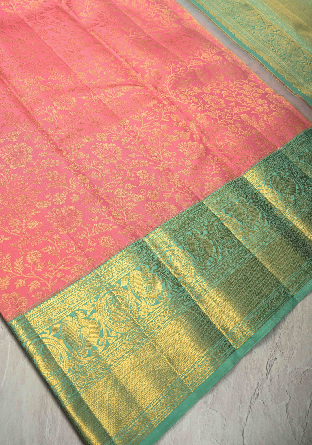 Bright Pink Pure Kanjivaram Silk Saree with Floral Zari Brocade Jaal and Contrast Zari Border | SILK MARK CERTIFIED