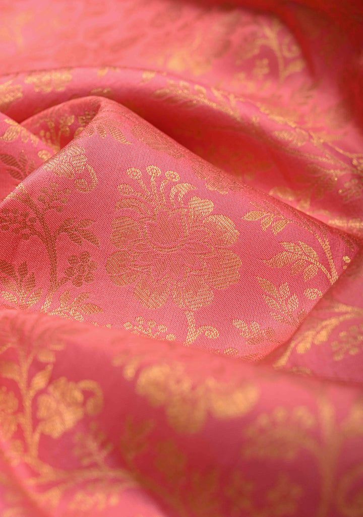 Bright Pink Pure Kanjivaram Silk Saree with Floral Zari Brocade Jaal and Contrast Zari Border | SILK MARK CERTIFIED