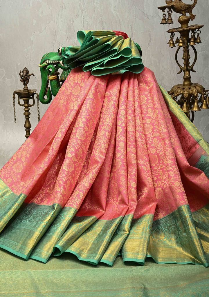 Bright Pink Pure Kanjivaram Silk Saree with Floral Zari Brocade Jaal and Contrast Zari Border | SILK MARK CERTIFIED