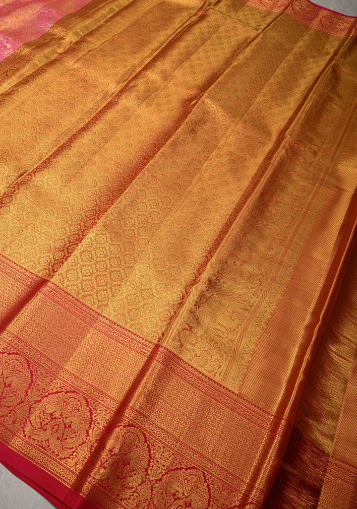 Salmon pink Tissue Kanjivaram Pure Silk Saree With Meenakari Floral Jaal Brocade and  Zari Border | SILK MARK CERTIFIED