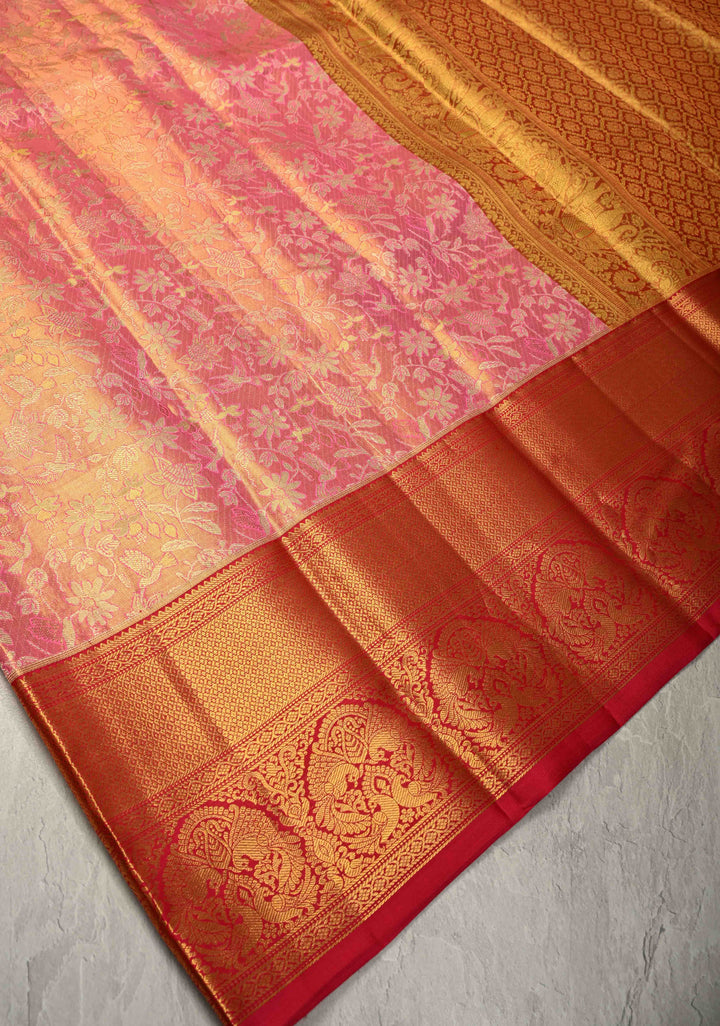 Salmon pink Tissue Kanjivaram Pure Silk Saree With Meenakari Floral Jaal Brocade and  Zari Border | SILK MARK CERTIFIED