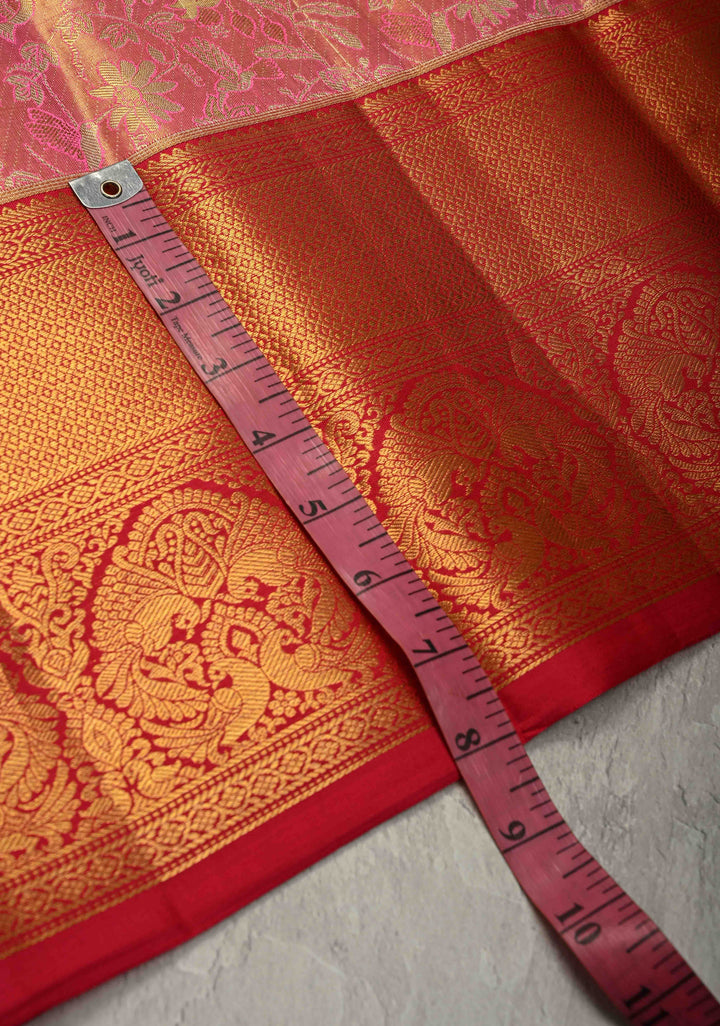 Salmon pink Tissue Kanjivaram Pure Silk Saree With Meenakari Floral Jaal Brocade and  Zari Border | SILK MARK CERTIFIED