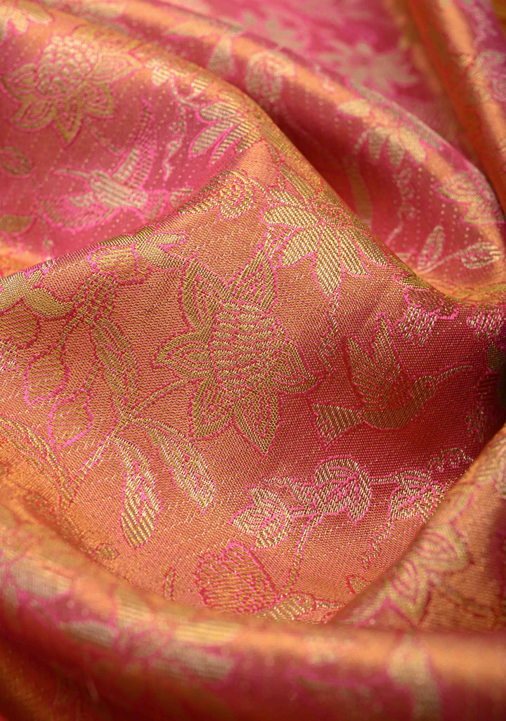 Salmon pink Tissue Kanjivaram Pure Silk Saree With Meenakari Floral Jaal Brocade and  Zari Border | SILK MARK CERTIFIED