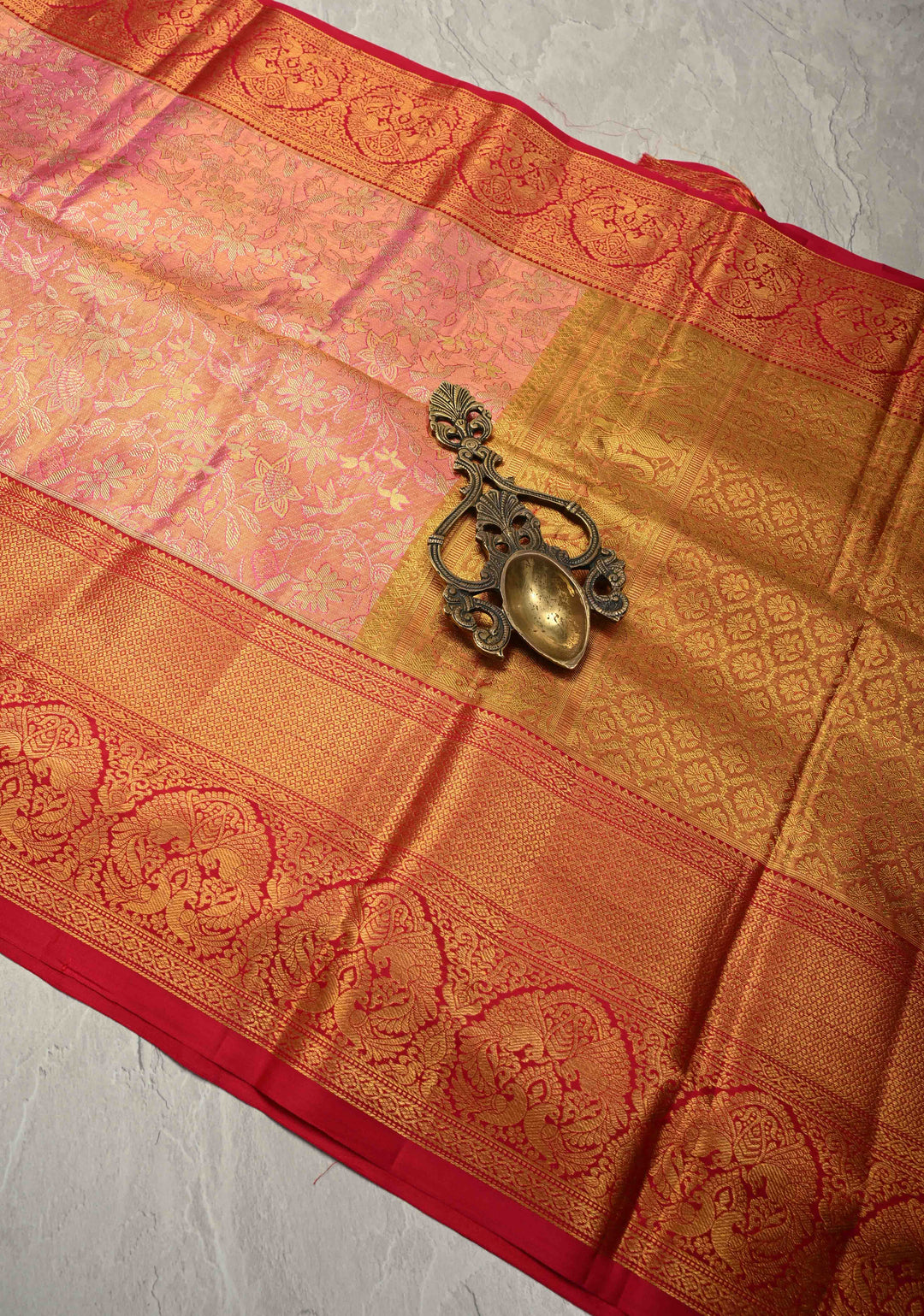 Salmon pink Tissue Kanjivaram Pure Silk Saree With Meenakari Floral Jaal Brocade and  Zari Border | SILK MARK CERTIFIED