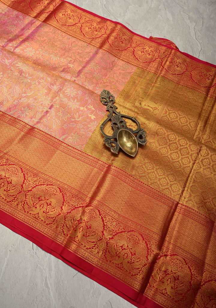Salmon pink Tissue Kanjivaram Pure Silk Saree With Meenakari Floral Jaal Brocade and  Zari Border | SILK MARK CERTIFIED