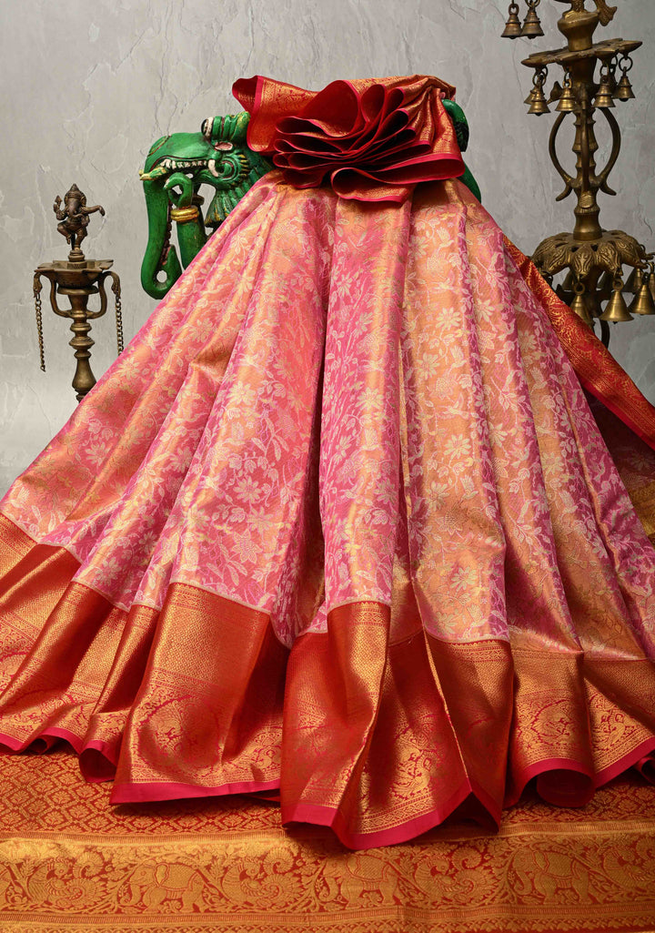 Salmon pink Tissue Kanjivaram Pure Silk Saree With Meenakari Floral Jaal Brocade and  Zari Border | SILK MARK CERTIFIED
