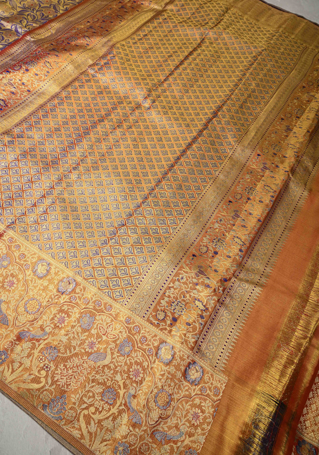 Golden Yellow-Blue Dual Tone Meenakari on Pure Kanjivaram Tissue Silk Saree with Floral Brocade Jaal and Zari Border | SILK MARK CERTIFIED