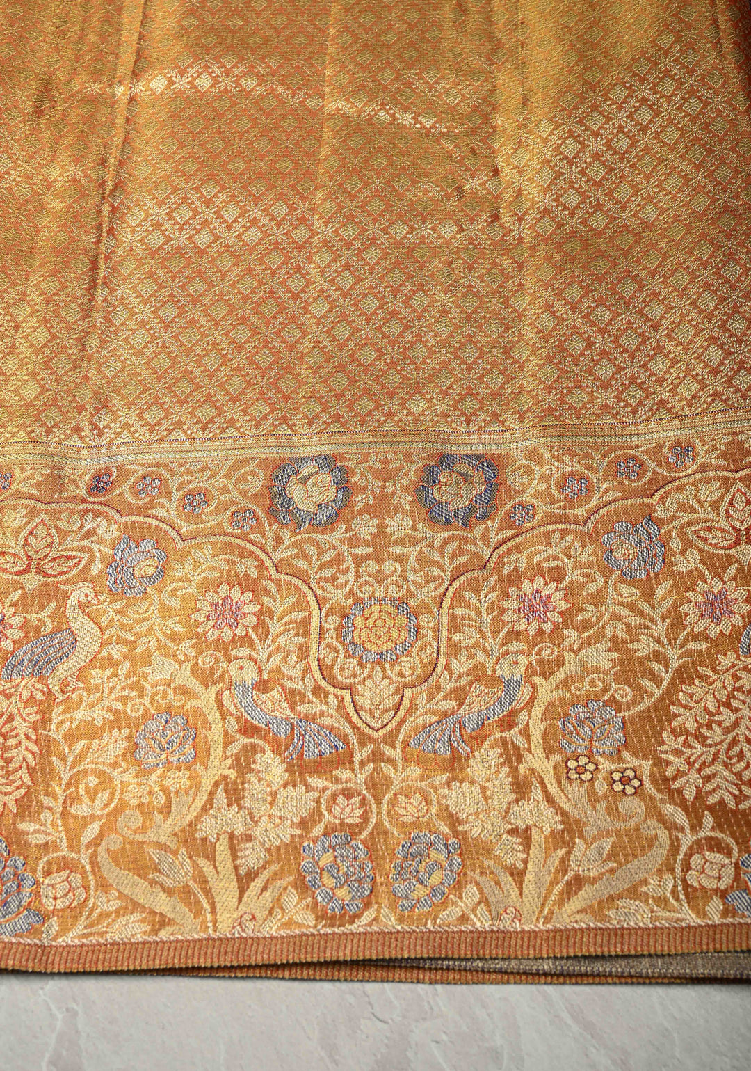 Golden Yellow-Blue Dual Tone Meenakari on Pure Kanjivaram Tissue Silk Saree with Floral Brocade Jaal and Zari Border | SILK MARK CERTIFIED