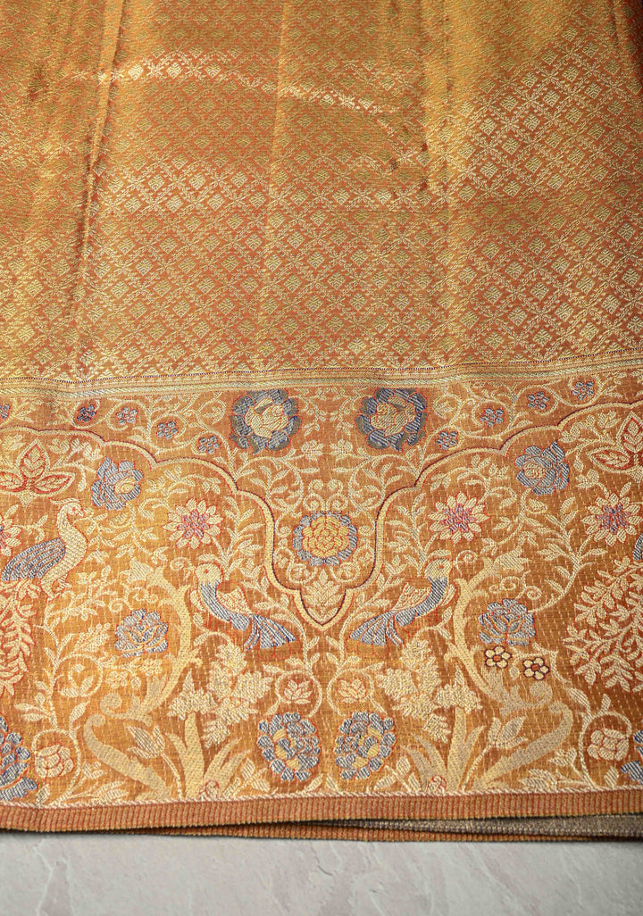 Golden Yellow-Blue Dual Tone Meenakari on Pure Kanjivaram Tissue Silk Saree with Floral Brocade Jaal and Zari Border | SILK MARK CERTIFIED