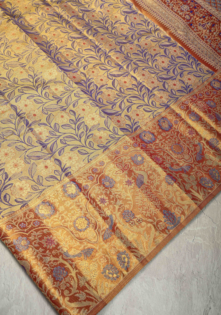 Golden Yellow-Blue Dual Tone Meenakari on Pure Kanjivaram Tissue Silk Saree with Floral Brocade Jaal and Zari Border | SILK MARK CERTIFIED