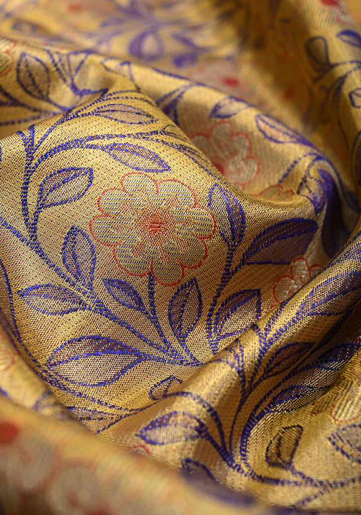 Golden Yellow-Blue Dual Tone Meenakari on Pure Kanjivaram Tissue Silk Saree with Floral Brocade Jaal and Zari Border | SILK MARK CERTIFIED