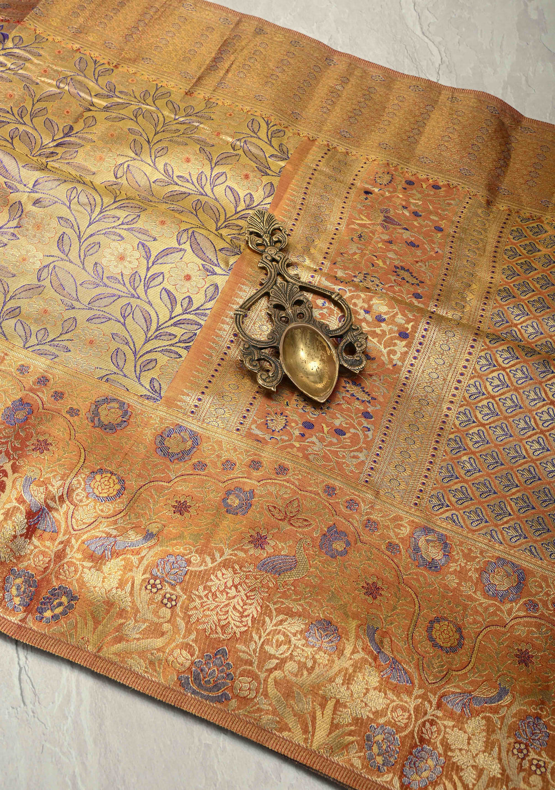 Golden Yellow-Blue Dual Tone Meenakari on Pure Kanjivaram Tissue Silk Saree with Floral Brocade Jaal and Zari Border | SILK MARK CERTIFIED