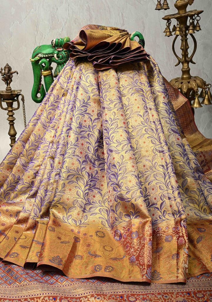 Golden Yellow-Blue Dual Tone Meenakari on Pure Kanjivaram Tissue Silk Saree with Floral Brocade Jaal and Zari Border | SILK MARK CERTIFIED