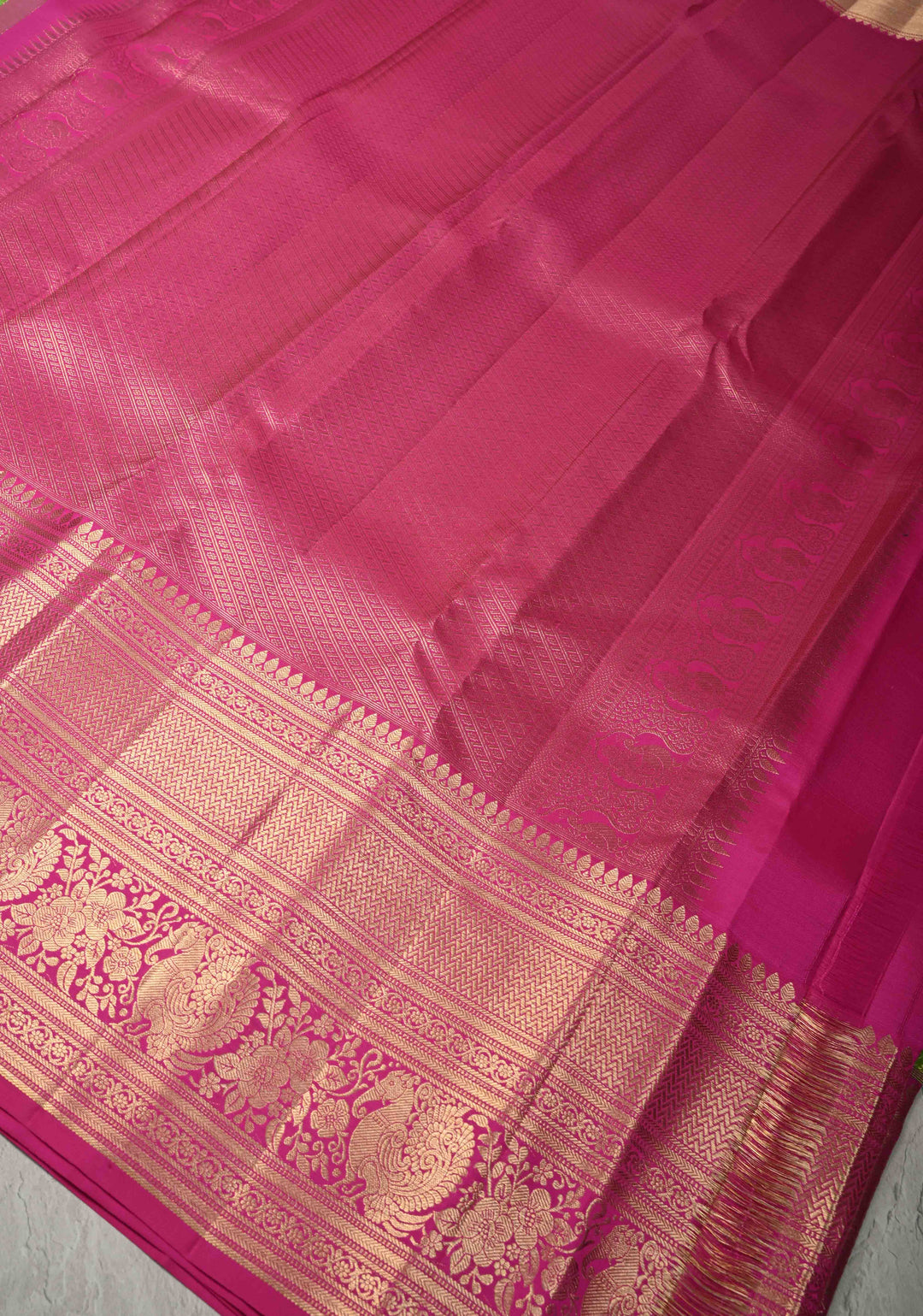 Parrot Green Pure Kanjivaram Silk Saree with Floral Brocade Jaal and Contrast Wide Zari Border | SILK MARK CERTIFIED